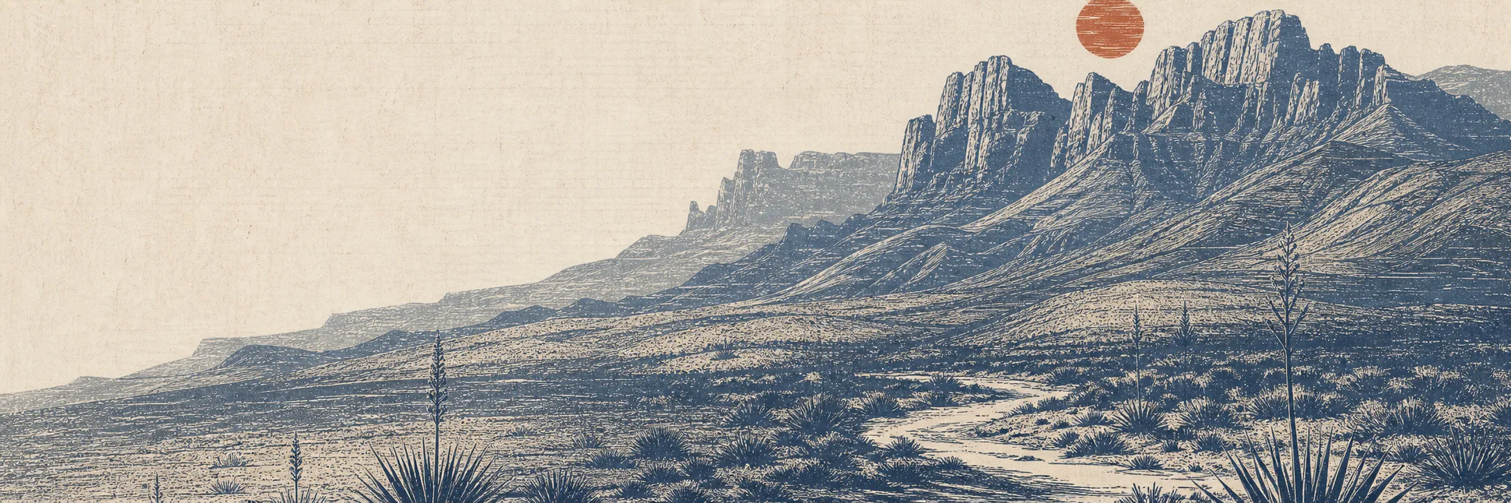 Hand-carved woodblock print: desert badlands with a winding trail and a burnt-rust sun over the cliffs