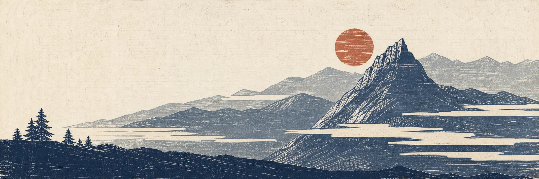 Woodblock-style print: a mountain range in layered blue-gray with a burnt-rust sun
